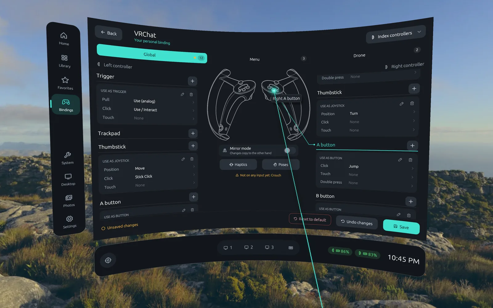 The binding editor for VRChat in the headset: action lists on both sides and Index controller drawings in the middle, with a line linking the right A button to its Jump binding
