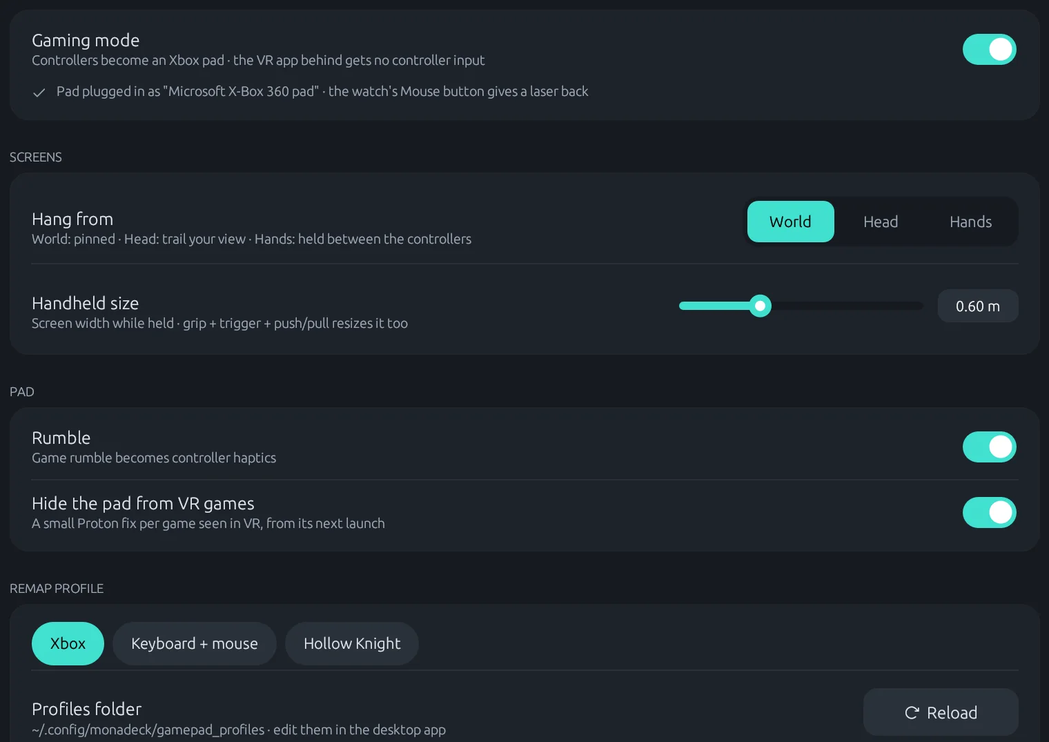 Gaming mode settings: gaming mode on, where the screen hangs, rumble and remap profiles