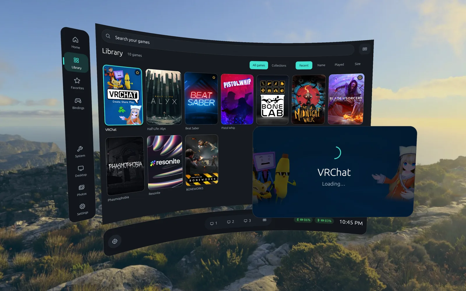 The Library page on the curved dashboard, with a VRChat loading card floating in front of it