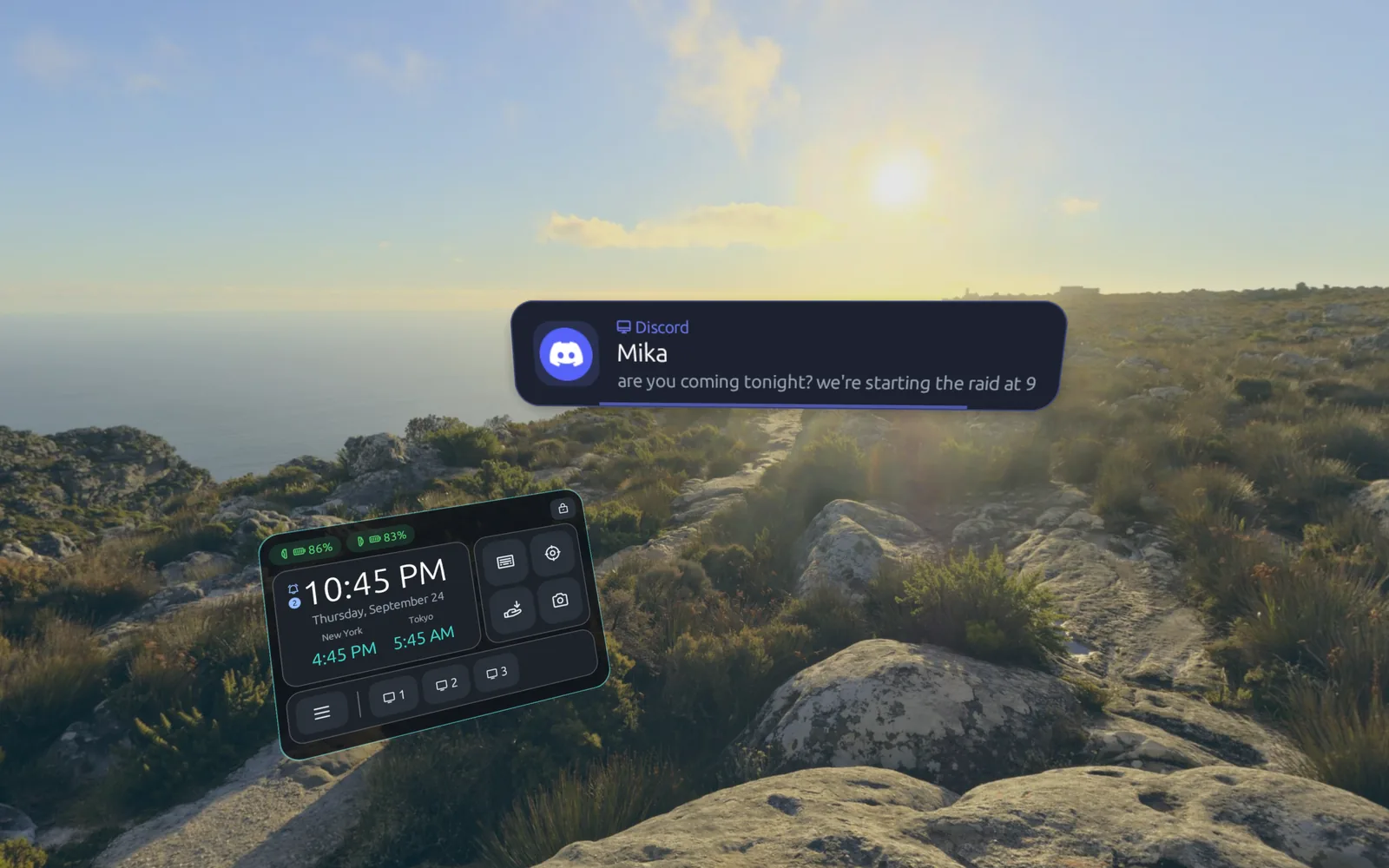 A Discord notification card floating at eye level over a sunset, with the watch raised on the left wrist below it